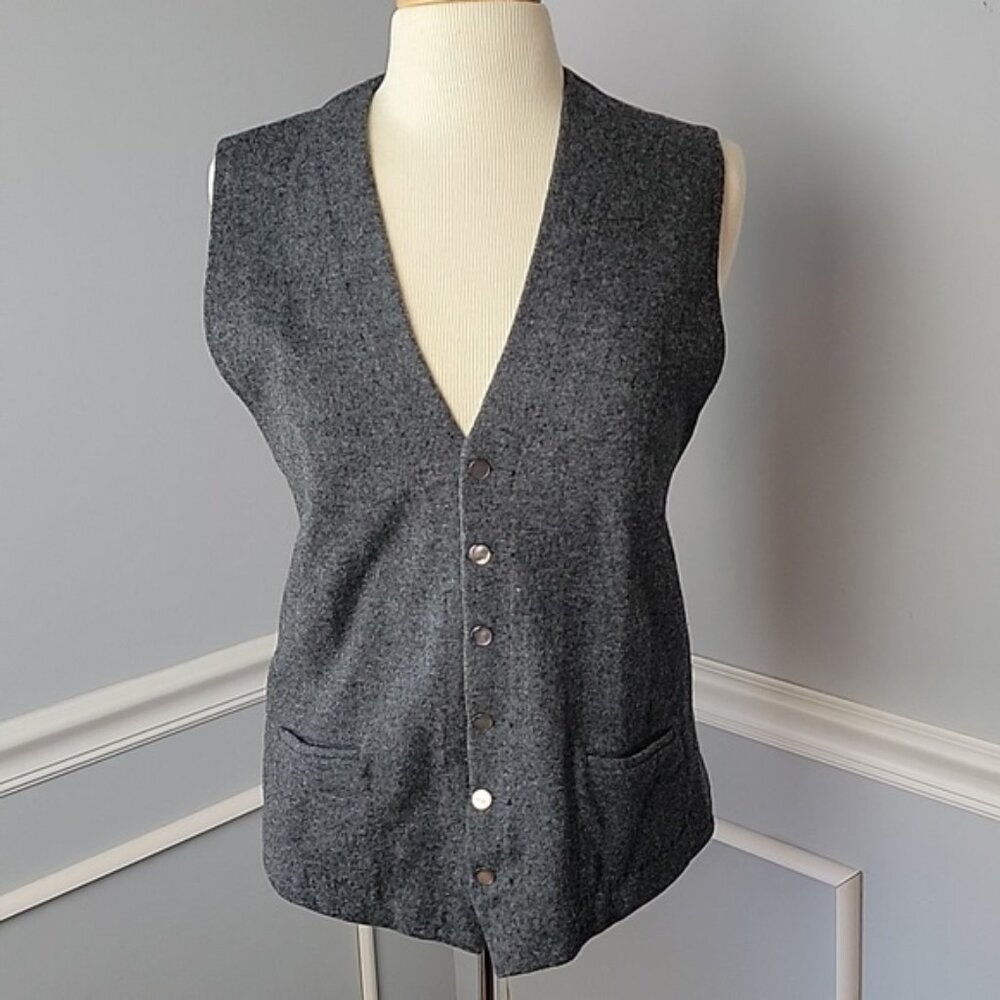 CATALINA Grandpa Charcoal Gray 100% Wool V-Neck‎ Patch Pocket Sweater Vest VTG